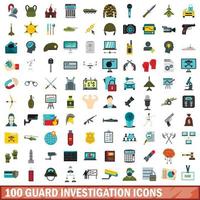 100 conjunto de iconos de investigación de guardia, estilo plano vector