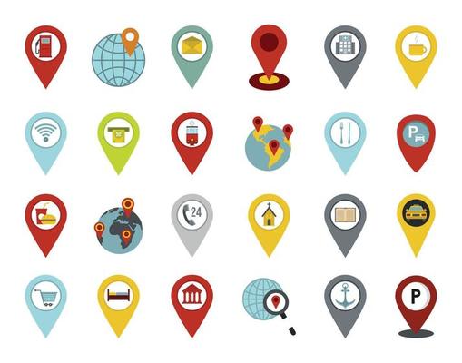 Pin map icon set, flat style