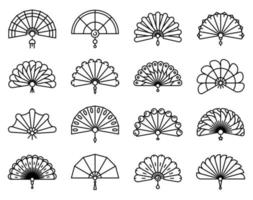 Handheld fan icons set, outline style vector