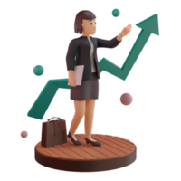 personaggio femminile con statistica in alto, illustrazione 3d png