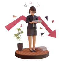 personaggio femminile con statistica verso il basso, illustrazione 3d png