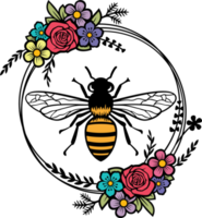 Bee and floral circle frame color. Png illustration.