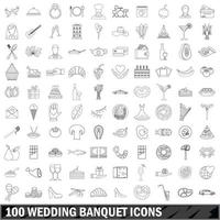 100 wedding banquet icons set, outline style vector
