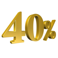 40 Prozent Gold Nummer vierzig 3D-Rendering png