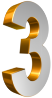 Number Three 3D Render Gold and White Text png