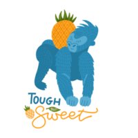 gorila de dibujos animados con fruta de piña aislado sobre fondo blanco. impresión colorida para niños y niños con cita de lettreong dura pero dulce. png