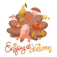 tarjeta de caligrafía de otoño con lindo erizo. disfruta del texto de letras de otoño. ilustración con textura de volumen. cartel o tarjeta de color diseñado para medios impresos. pequeño animal del bosque con comida de otoño.