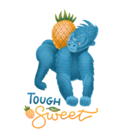 gorilla di cartone animato con frutta di ananas isolato su sfondo bianco. stampa testurizzata colorata per bambini e bambini con citazione lettreong dura ma dolce. png