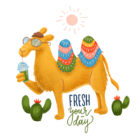 Adorable Camel in a glasses with a Plastic Cup of Smoothie. Humor card, t-shirt composition, hand drawn textured volume style print. illustration with lettering quote Fress your day png