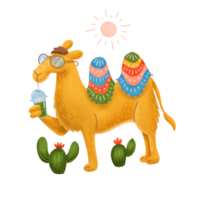 un simpatico personaggio cammello beve un bicchiere di frullato nel deserto. concetto di estate calda. illustrazione disegnata a mano del volume.