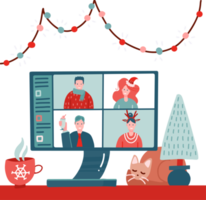 conceito de videoconferência, comunicação na web. reunião de equipe on-line. homem sorridente, as mulheres trabalham remotamente e têm uma discussão virtual de natal. estilo cartoon ilustração plana isolada. png