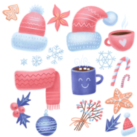 Set of Christmas design elements. Knitted hats, gingerbread , mistletoe, gifts, cup of hot cocoa, baubles. Happy holidays flat objects. Hand-drawn flat illustration.