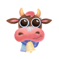Cute brown cow smiling face with big eyes. 3d textured cartoon design funny farm animal head illustration. Animal of 2021 year. png