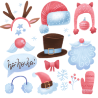 Constructor of christmas character face. Reindeer antlers, hats, mustache, beard, cap to create a face of Santa Claus. Easy to make your Santa person. Humor Christmas,new year. Flat set png