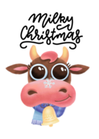 impression pour affiche avec lettrage dessiné à la main - noël laiteux. tête de vache de dessin animé mignon de noël avec écharpe. nouvelle année 2021, carte de voeux 2033. illustration texturée dessinée à la main png