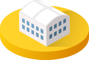edificios isométricos de la ciudad con iconos 3d para un conjunto de conceptos infográficos que incluye casas, oficinas, casas, tiendas, supermercados y elementos industriales png