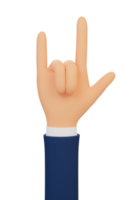 Cartoon hand rock emoticon. 3d hand rock on party gesture. 3d illustration. 3d render. png