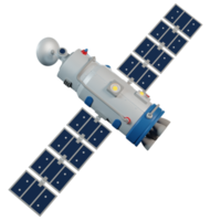 Satellite with rotating antenna flying in space. Space station in orbit. png