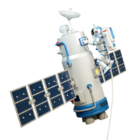 l'astronaute en combinaison spatiale travaille dans un espace ouvert avec satellite. satellite spatial et astronaute. illustration 3d, rendu 3d png