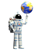 astronauta e planeta Terra. astronauta em traje espacial gira o planeta Terra no dedo. ilustração 3D. renderização 3D. png