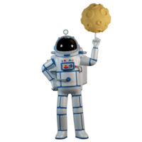 Isolated Spaceman in spacesuit twirls the moon on his finger. Astronaut and planet with craters - cartoon 3d illustration. png