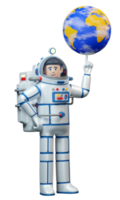 Smiling Astronaut in spacesuit and planet Earth. Spaceman twirls the planet earth on his finger. 3d illustration. 3d render.