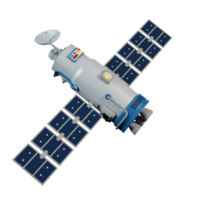 Satellite with rotating antenna flying in space. Space station in orbit. png