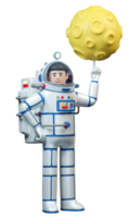 Astronaut and planet with craters. Smiling Spaceman in spacesuit twirls the moon on his finger. cartoon 3d illustration. 3D render. png