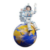 astronauta em traje espacial senta-se no globo do planeta Terra e acena com a mão. astronauta 3D em traje espacial. ilustração 3D, renderização 3D png