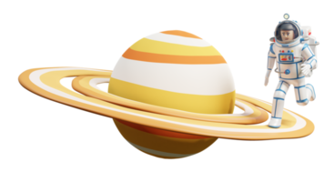 astronauta en traje espacial en los anillos de saturno. Planeta Saturno y el astronauta corriendo. ilustración 3d, renderizado 3d png