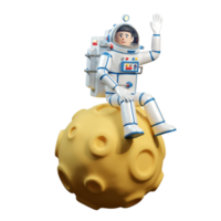 astronauta em traje espacial senta-se na lua. astronauta em um planeta com crateras acena com a mão. ilustração 3D, renderização 3D png