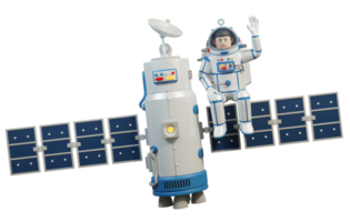 astronauta em traje espacial senta-se no satélite espacial. satélite espacial e astronauta. ilustração 3D, renderização 3D png