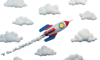 Rakete mit Jet-Rauch fliegt zwischen den Wolken. lustige Spielzeug-Weltraumrakete. 3D-Darstellung. 3D-Rendering.