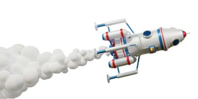 módulo espacial da nave espacial voa pelo espaço com fumaça de jato. ilustração 3D. renderização 3D.