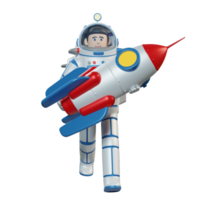 Cartoon-Astronaut in einem Raumanzug trägt eine Weltraumrakete in seinen Armen. 3D-Darstellung. 3D-Rendering. png