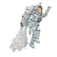 l'astronaute en combinaison spatiale avec jetpack décolle dans l'espace. jouet de l'astronaute. Illustration 3D. rendu 3D. png