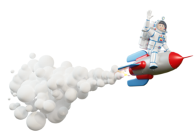 Astronauta 3D em traje espacial andando de foguete que libera chamas e fumaça. renderização 3D. ilustração 3D. png