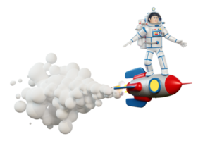 3D-Astronaut im Raumanzug, der wie ein Skateboarder auf einer Rakete im Weltraum reitet. 3D-Darstellung. 3D-Rendering. png