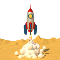 foguete decola com fumaça de jato da superfície do planeta lua. foguete de brinquedo lançando para o espaço. ilustração 3D. renderização 3D. png