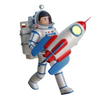 l'astronauta dei cartoni animati in una tuta spaziale porta un razzo spaziale tra le braccia. illustrazione 3d. rendering 3d. png