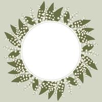 Illustration, round frame made of drawn flowers of lilies of the valley. Pastel colors. Print, postcard, invitation, vector