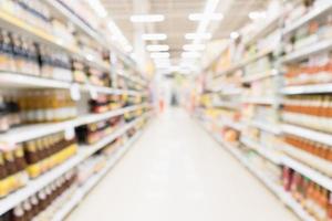 Abstract blur supermarket discount store aisle and product shelves interior defocused background photo