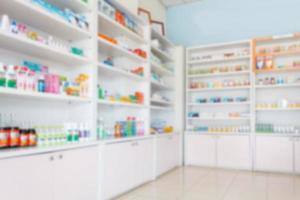 Pharmacy drugstore blur abstract backbround with medicine and healthcare product on shelves photo