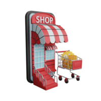 Representación 3d de compras en línea en un teléfono inteligente aislado útil para el comercio electrónico o el diseño de negocios en línea png