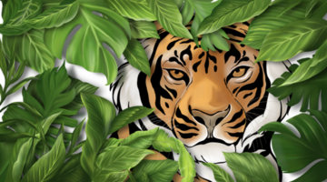 A big clam tiger is sitting behind many green leaves and looking straight for waiting something. Digital hand drawn and painted image. png