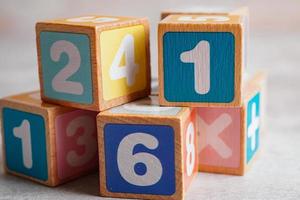 Math number colorful on wooden background, Education study mathematics learning teach concept. photo