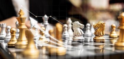 Close-up of a game of chessboard with chess pieces. Chessboard Concept vs. Business Management on Risk, Graphic Charts Showing Financial Flows and Business Performance. Risk management. photo