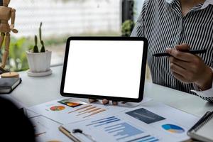 Person holding a tablet and having a meeting, on a blank white background tablet screen for illustration, mockup screen for further editing can be used for a variety of tasks. copy space. photo