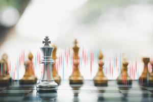 Close-up of a game of chessboard with chess pieces. Chessboard Concept vs. Business Management on Risk, Graphic Charts Showing Financial Flows and Business Performance. Risk management. photo