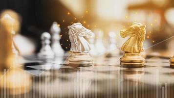 Close-up of a game of chessboard with chess pieces. Chessboard Concept vs. Business Management on Risk, Graphic Charts Showing Financial Flows and Business Performance. Risk management. photo